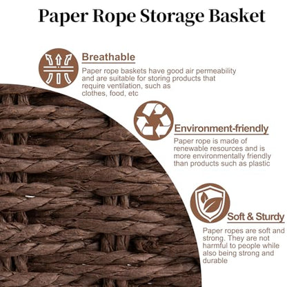 OIAHOMY Wicker Baskets, Paper Rope Storage Baskets for Organizing with Built-in Handles, 2 Packs-Brown