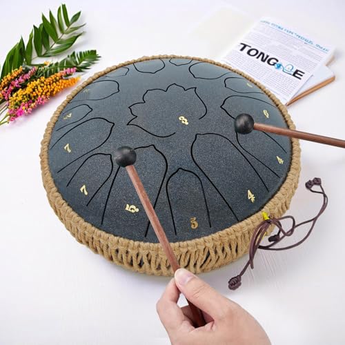 BETESINE 13-Inch 15-Note Steel Tongue Drum in C Major, Beginner-Friendly Meditation Drum with Mallets, Music Book, Finger Picks, Carry Bag & Note Stickers, Starry Black - color: Starry Black
