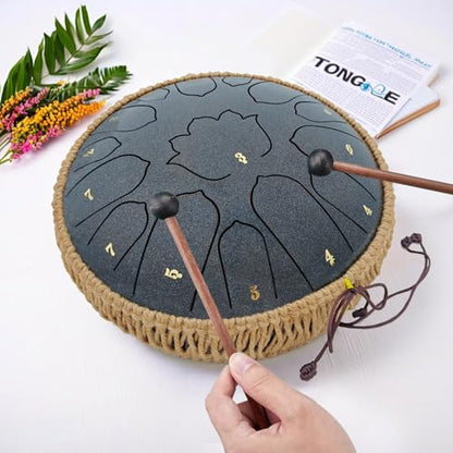 BETESINE 13-Inch 15-Note Steel Tongue Drum in C Major, Beginner-Friendly Meditation Drum with Mallets, Music Book, Finger Picks, Carry Bag & Note Stickers, Starry Black - color: Starry Black
