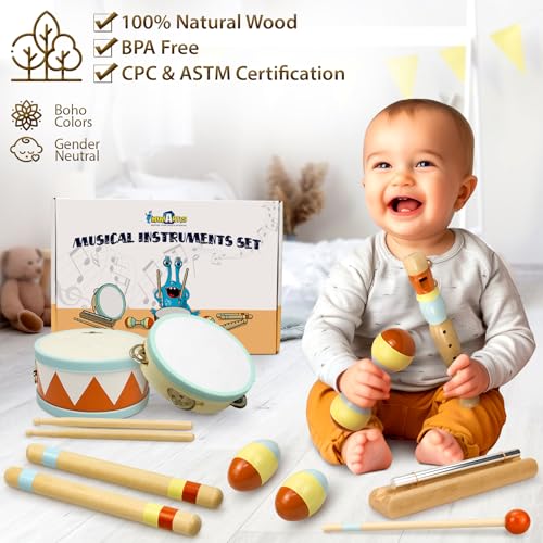 Toddler Musical Instruments - Montessori Wooden Musical Toys for Toddlers 1-3 | Modern Boho Baby Drum Set with Neutral Colors Percussion Instruments | Kids Preschool Educational - style: Drum