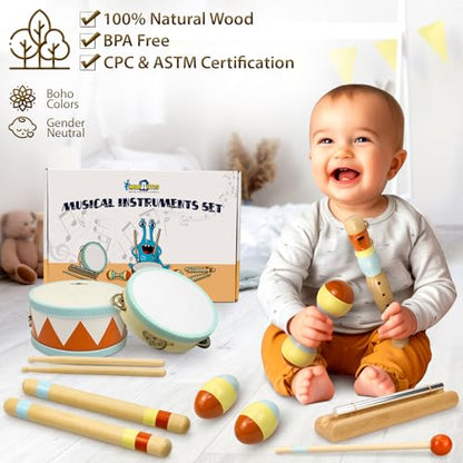 Toddler Musical Instruments - Montessori Wooden Musical Toys for Toddlers 1-3 | Modern Boho Baby Drum Set with Neutral Colors Percussion Instruments | Kids Preschool Educational - style: Drum