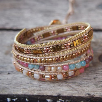 Women Boho Handmade Natural Stone Crystal Leather Bead Wrap Bracelets Collection - style: Boho Stylish 5W