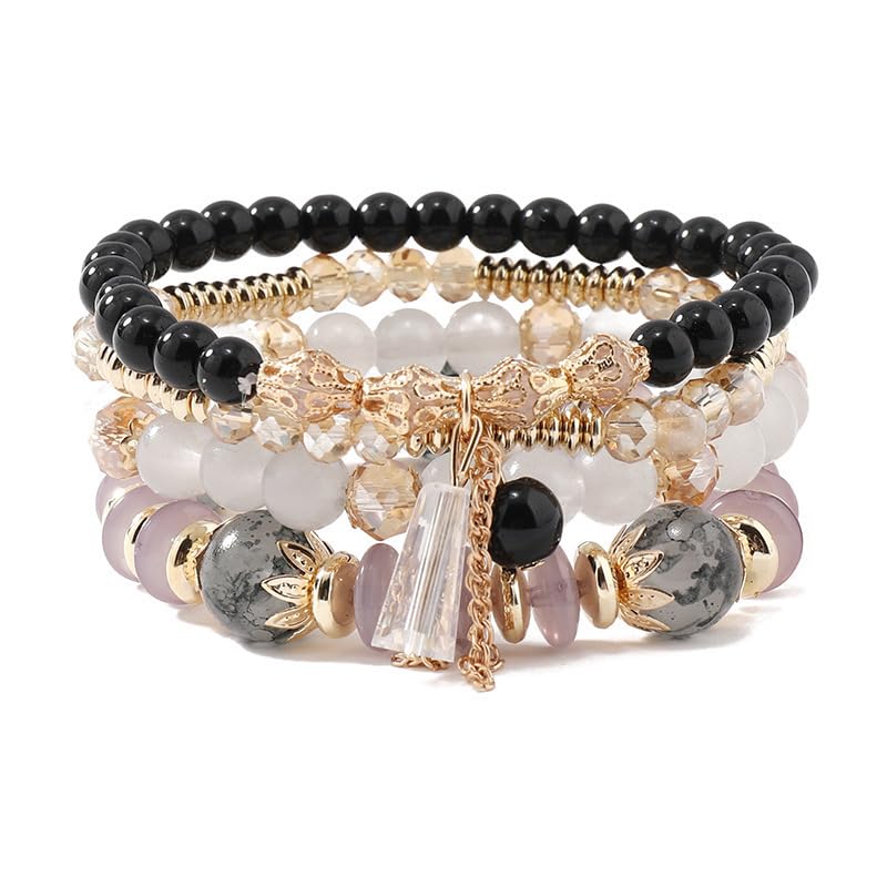Bohemia Multilayer Beaded Stretch Bracelets Set Colorful Crystal Glass Beads Summer Elastic Bracelets for Women Beach Holiday - color: Black