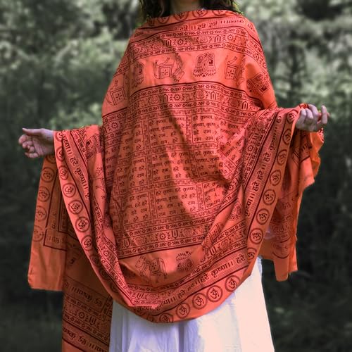 Prabhuji's Gifts Meditation Yoga Prayer Shawl - Maha Mantra - Peach Orange Large