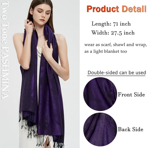 Pashmina Shawl Wrap with Ethnic Paisley Two Tone Jacquard Scarf for Women - color: Feather-purple