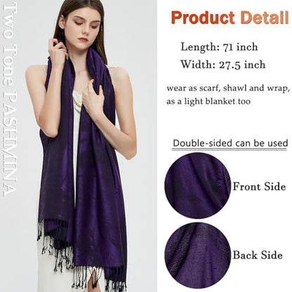 Pashmina Shawl Wrap with Ethnic Paisley Two Tone Jacquard Scarf for Women - color: Feather-purple