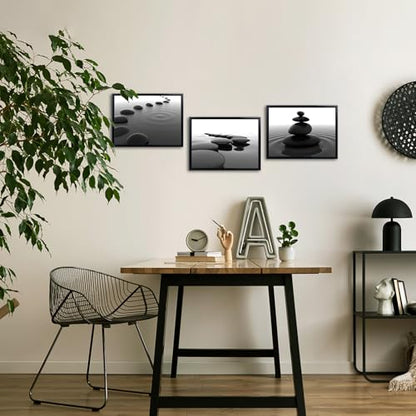 iKNOW FOTO 3pcs Black and White Zen Wall Art Stones in Water Canvas Prints with Black Frame for Bathroom Yoga Meditation Spa Living Room Bedroom Wall Decor Framed Ready to Hang 12x16 Inches