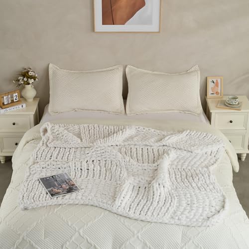 Chunky Knit Blanket Throw 50x60 Inches,Handmade Cable Knit Crochet Blanket,Cozy Lightweight All Season,Wrinkle-Resistant Polyester for Couch Bed Sofa Reading Nook, Beige - color: Beige