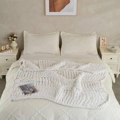 Chunky Knit Blanket Throw 50x60 Inches,Handmade Cable Knit Crochet Blanket,Cozy Lightweight All Season,Wrinkle-Resistant Polyester for Couch Bed Sofa Reading Nook, Beige - color: Beige