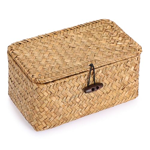 Small Wicker Basket with Lid Natural Handwoven Seagrass Basket for Organizing Decorative Small Basket Box Multipurpose Wicker Baskets for Shelf, Bathroom - color: Caramel color, size: 7.0"L x 4.3"W x 3.3"H