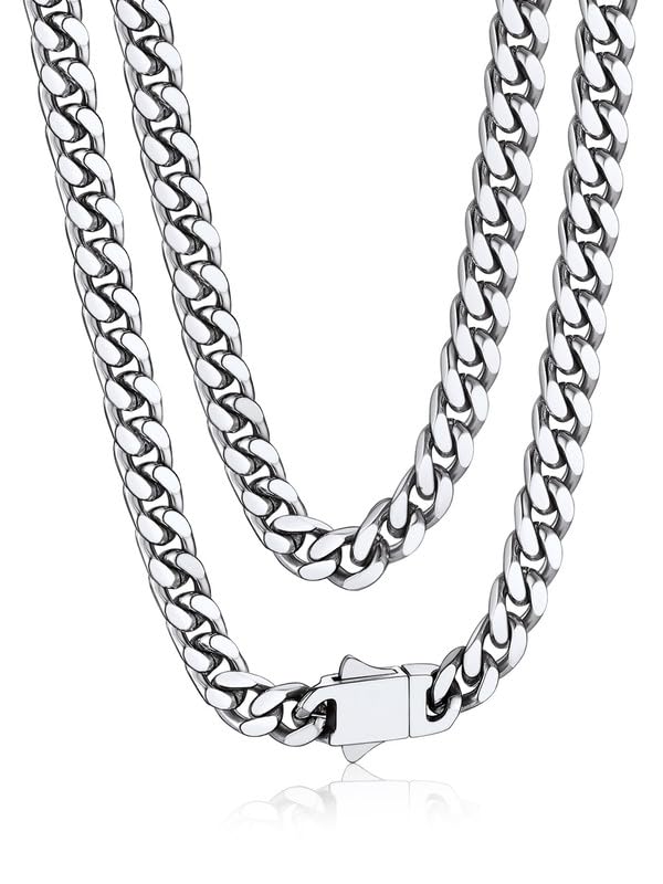 Bandmax Mens Stainless Steel Chain Necklaces 5MM/7MM/9MM/12MM Chunky Miami Cuban Link Chain Necklace Silver/Gold Plated/Black Chains for Men 18"-30" - color: 01 5MM-Silver Tone, size: 18 Inch (46cm, Choker Style)