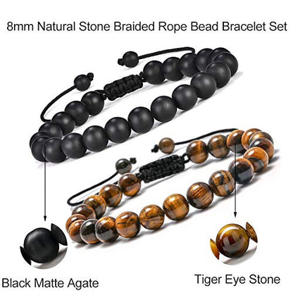 M MOOHAM Fathers Day Gift Mens Bracelet - Beaded Natural Stone 8mm Tiger Eye Matte Agate Lava Rock Bracelets for Men Teen Boys Grandpa Dad Birthday Gifts Jewelry - style: Matte Agate Bracelet&Tiger Eye Bracelet