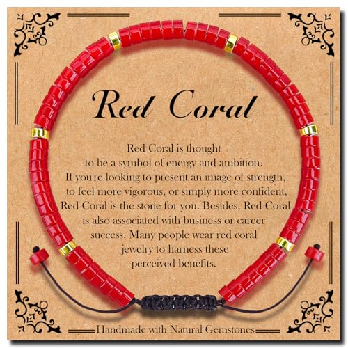 BONNY BOXX Braided Genuine Bracelet, Elegant Handcrafted Natural Gemstone Crystal Bracelet Healing Power Energy Inspirational Gifts with Card for Unisex - color: Red Coral, size: 2*4MM