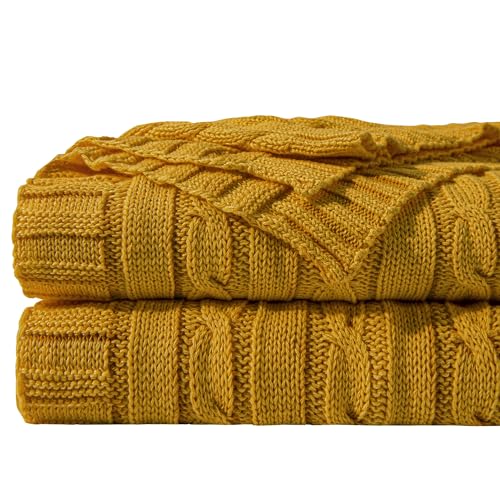 NTBAY 100% Pure Cotton Cable Knit Throw Blanket, Super Soft Warm 51x67 Knitted Throw Blanket for Couch, Sofa, Chair, Bed - Extra Cozy, Machine Washable, Comfortable Home Decor, Ginger Yellow - color: Ginger Yellow, size: Throw(51"x67")