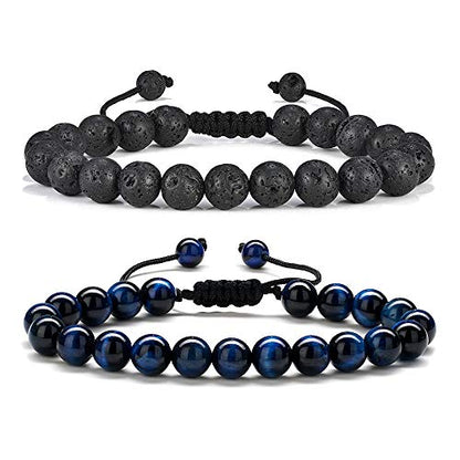 M MOOHAM Fathers Day Gift Mens Bracelet - Beaded Natural Stone 8mm Tiger Eye Matte Agate Lava Rock Bracelets for Men Teen Boys Grandpa Dad Birthday Gifts Jewelry - style: Lava Rock&Blue Tiger Eye Bracelets