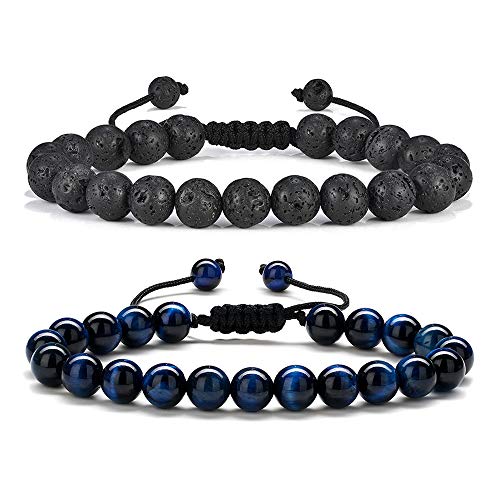 M MOOHAM Fathers Day Gift Mens Bracelet - Beaded Natural Stone 8mm Tiger Eye Matte Agate Lava Rock Bracelets for Men Teen Boys Grandpa Dad Birthday Gifts Jewelry - style: Lava Rock&Blue Tiger Eye Bracelets