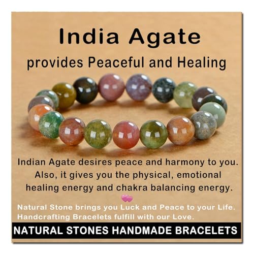 AD Beads Handmade Gemstone Stretch Elastic Bracelet Crystal Healing Reiki Nature's Beauty and Spiritual Essence Unisex - color: Indian Agate, size: 12mm