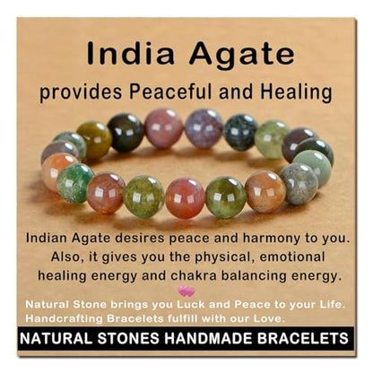 AD Beads Handmade Gemstone Stretch Elastic Bracelet Crystal Healing Reiki Nature's Beauty and Spiritual Essence Unisex - color: Indian Agate, size: 12mm