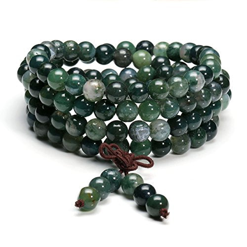 Jovivi 108 Mala Beads Bracelet 6mm 8mm Natural Indian Agate/Green Moss Agate Gemstone Healing Crystal Stone Beaded Bracelet Hand Knotted Prayer Mala Beads Necklace for Yoga Meditation Balance - color: 8mm - Moss Agate
