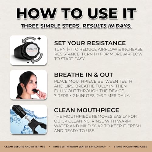 Inhale Lung Trainer | Breathing Exercise Device for Lungs | Made in USA | Lung Exerciser Device | Breathing Trainer | Adjustable Resistance | Medical Grade Silicone Mouthpiece | Carrying Case included
