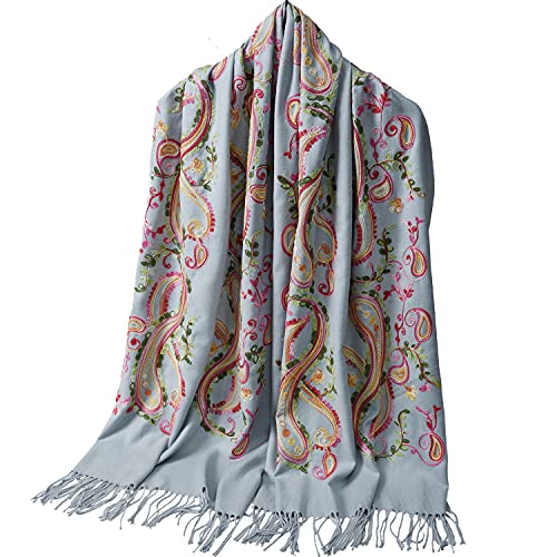 Embroidered Brushed Shawl Paisley Leaves Pattern Scarf Soft Ponchos Wrap Cape With Fringes - color: 042-light Grey