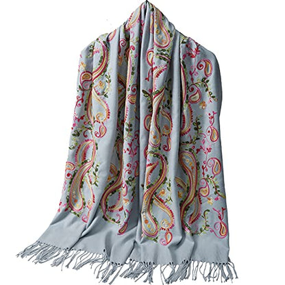 Embroidered Brushed Shawl Paisley Leaves Pattern Scarf Soft Ponchos Wrap Cape With Fringes - color: 042-light Grey