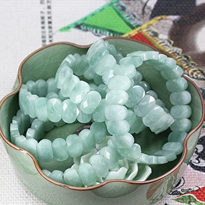 Keleny Semi Precious Stones 14mm Faceted Oval Beads Crystal Rock Elastic Bangle 7.5 Inch - color: Green Angelite