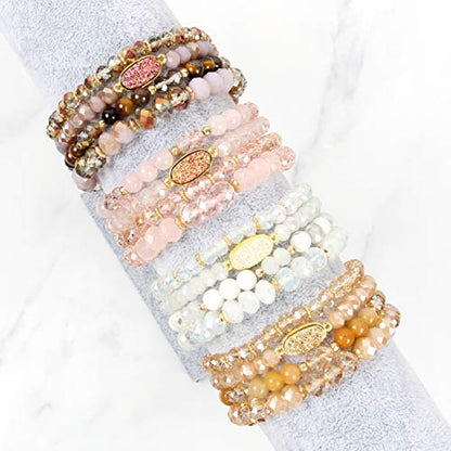 RIAH FASHION Bohemian Acrylic Druzy Multi-Layer Bead Statement Bracelet - Versatile Faux Stone Pendant Stretch Strand Stackable Cuff Bangle Set Sparkly Crystal - color: Oval Acrylic Druzy - Sapphire