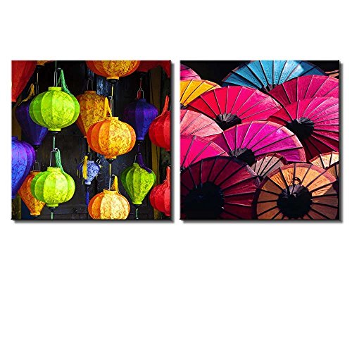 wall26 Two Piece Canvas - Colorful Japanese Lanterns and Umbrellas with Designs on Them on 2 Panels - Canvas Art Home Art - 12x12 inches - color: Japanese Lanterns and Umbrellas, size: 12" x 12" x 2 panels