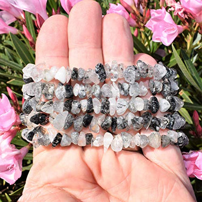 Zenergy Gems Charged Premium Natural Crystal Chip Bead Bracelet + Moroccan Selenite Charging Crystal [Included] - color: Black Tourmaline Quartz