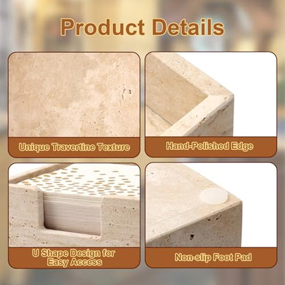 Luncheon Napkin Holder,Travertine Stone Napkin Holders Fit for 6.5”x6.5” Luncheon-Sized Napkins,Stone Napkin Holder for Table Kitchen Counter Dining Room Party Bar Decor,Beige - size: 7.7 x 7.7 Inch