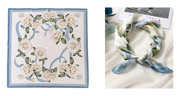 ANDANTINO 100% Mulberry Silk Scarf -21” Lightweight Square Neckerchief – Breathable Digital Printed Scarves with Gift Packed - color: Floral-pale Blue