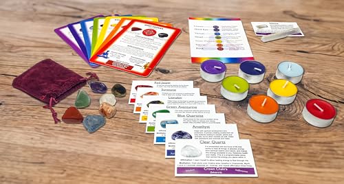 Chakra Clearing Crystals and Aromatherapy Altar Kits (32 Pc): Chakra Stones, ID Cards, Chakra Healing Cards, Scented Tealight Candles for Meditation, Reiki, Energy Work - Spirituality and Mindfulness