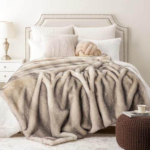 BATTILO HOME Luxury Fluffy Faux Fur Throw Blanket, Cozy Warm Fur Blanket for Couch Sofa, Plush Fuzzy Fur Throws with Long Pile & Brushed Tips, 60"x80" - color: Cream&grey, size: 60"x80"