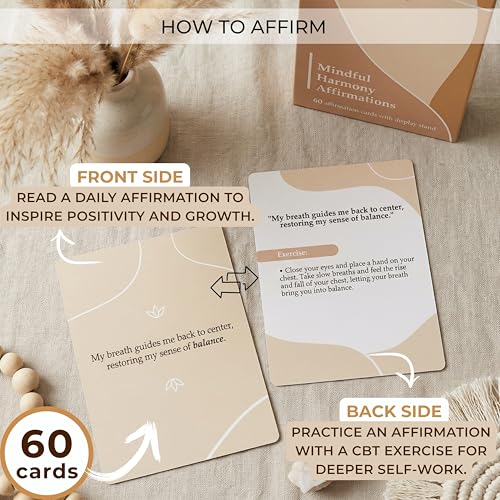 Mindful 60 Positive Affirmation Cards for Women with 10 Inspirational Tokens, 2 Rings & Display Stand, Daily Affirmations for Inspiration & Self Care, Unique Gift Cards for Women and Men