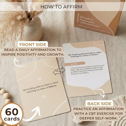 Mindful 60 Positive Affirmation Cards for Women with 10 Inspirational Tokens, 2 Rings & Display Stand, Daily Affirmations for Inspiration & Self Care, Unique Gift Cards for Women and Men
