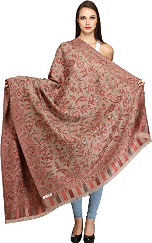 Exotic India Women Reversible Jamawar Wool Shawl with Woven Flowers | Ethnic Beautiful Floral Weave Stole, Dupatta - color: Sandshell