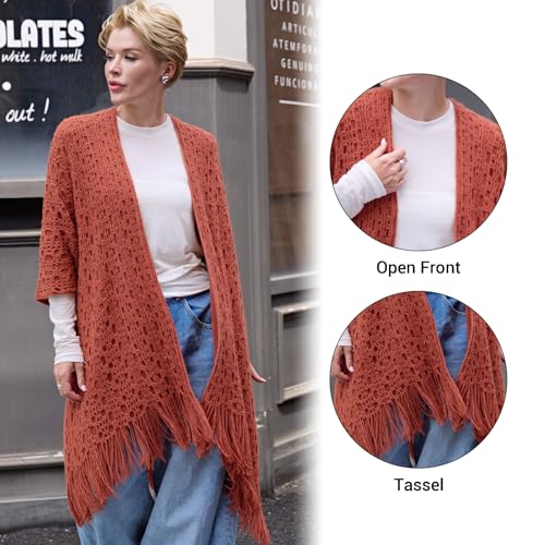 MissShorthair Knit Shawl Wraps for Women Boho Crochet Shawls Cape Open Front Cardigan - color: Rust Red