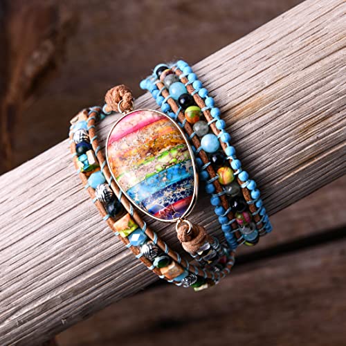 YGLINE Boho Handmade Natural Stone Wrap Bracelets Jasper Crystal Beads Bracelet Jewelry - color: multi color