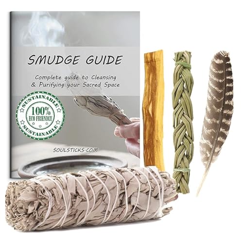 Ancient VEDA Organic Smudge Kit – California White Sage, Palo Santo, Sweetgrass Braid, Feather & Smudge Guide | Home Cleansing Kit for Meditation, Yoga, Energy Healing & Gift (Starter Kit, White Sage) - color: White Sage, size: Starter Kit