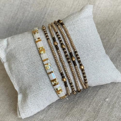 Tila Flat Beaded Stretch Bracelets for Women Stackable Gold Colorful Seed Beads Boho Bracelet Stack Adjustable Rope String Friendship Jewelry Trendy Holiday Gift - color: gold and white