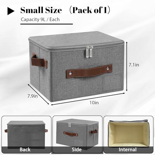 ANMINY Storage Bins with Zipper Lid Storage Boxes with Label Holder PU Leather Handles Washable Foldable Decorative Lidded Cotton Linen Fabric Cubes Baskets Closet Organizer - Gray, Small