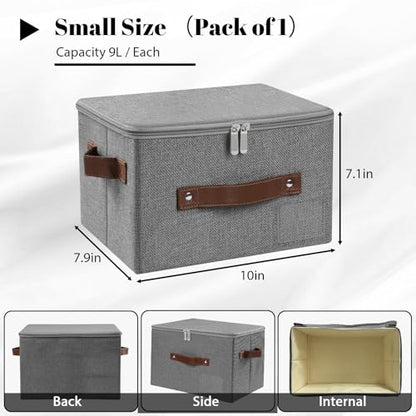 ANMINY Storage Bins with Zipper Lid Storage Boxes with Label Holder PU Leather Handles Washable Foldable Decorative Lidded Cotton Linen Fabric Cubes Baskets Closet Organizer - Gray, Small