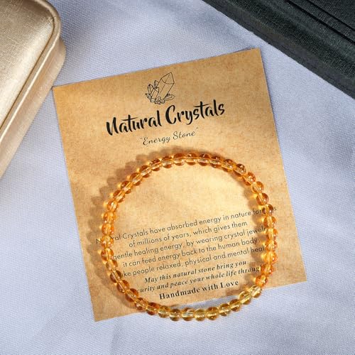 MAIBAOTA Healing Crystal Bracelet for Women Men, 8/4 mm Natural Stone Beaded Bracelets, Jewelry Birthday Gifts, Round Gemstones Stretch Bracelets - color: Yellow-Citrine, size: 4 mm
