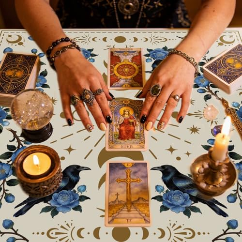 Tarot Altar Cloth Beige Tablecloth Moon Phases Flowers Crows Print Card Table Tablecloth with Tarot Card Bag for Reading Rituals Crystals Spiritual Divination Witchcraft Supplies - color: Moon Flowers Crows