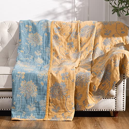 jinchan Boho 100% Cotton Muslin Twin Size 60x80 Inches Blanket Lightweight 4-Layer Quilted Soft Yellow and Blue Floral Throw Blanket Reversible Comfy Flower Breathable All Seasons Couch Bedroom Decor - color: Floral Yellow Blue, size: 60"x80"