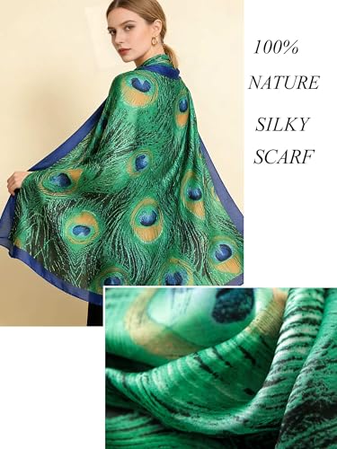 Large Shawl Scarf For Women Lightweight Wraps Silky Headscarf Long Sunscreen Scarfs - color: T23 Green Peacock Print / 70"x 35"