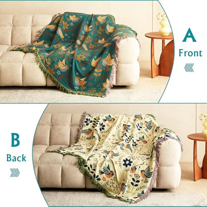 Throw Blanket for Couch Bed Cozy Cotton Blankets Twin,Soft Gauze Boho Throw Blanket Birds and Floral Doubel Side Embroidery,60"x80" Comfy Muslin Bed Blankets