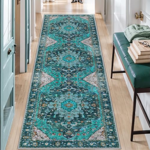 Ciicool Washable Runners for Hallways, 2'6''x8' Long Kitchen Runner Rug, Entryway Indoor Rug, Non Slip Rubber Backing Boho Vintage Floor Decor,Oriental Carpet for Bedside - color: Teal/Multi, size: 2'6" X 8' (Runner)