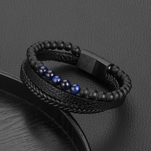 Leather Bead Bracelets for Men, Natural Tiger Eye Lava Rock Stone Bead Magnetic Clasp Adjustable Leather Bracelets Stress Relief Mens Anxiety Bracelet Mens Jewelry Gifts - style: Black Leather-Matte Agate&Blue Tiger Eye
